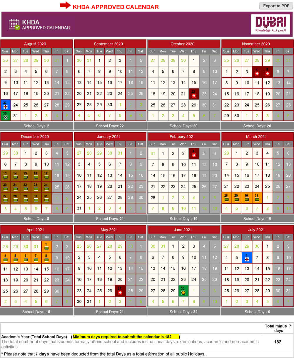 KHDA Approved School Calendar 2020